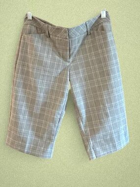 Grey/turquoise plaid trouser shorts